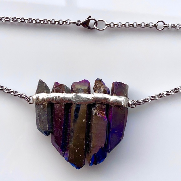 Dark purple aura crystal steel necklace boho gems - Picture 3 of 10